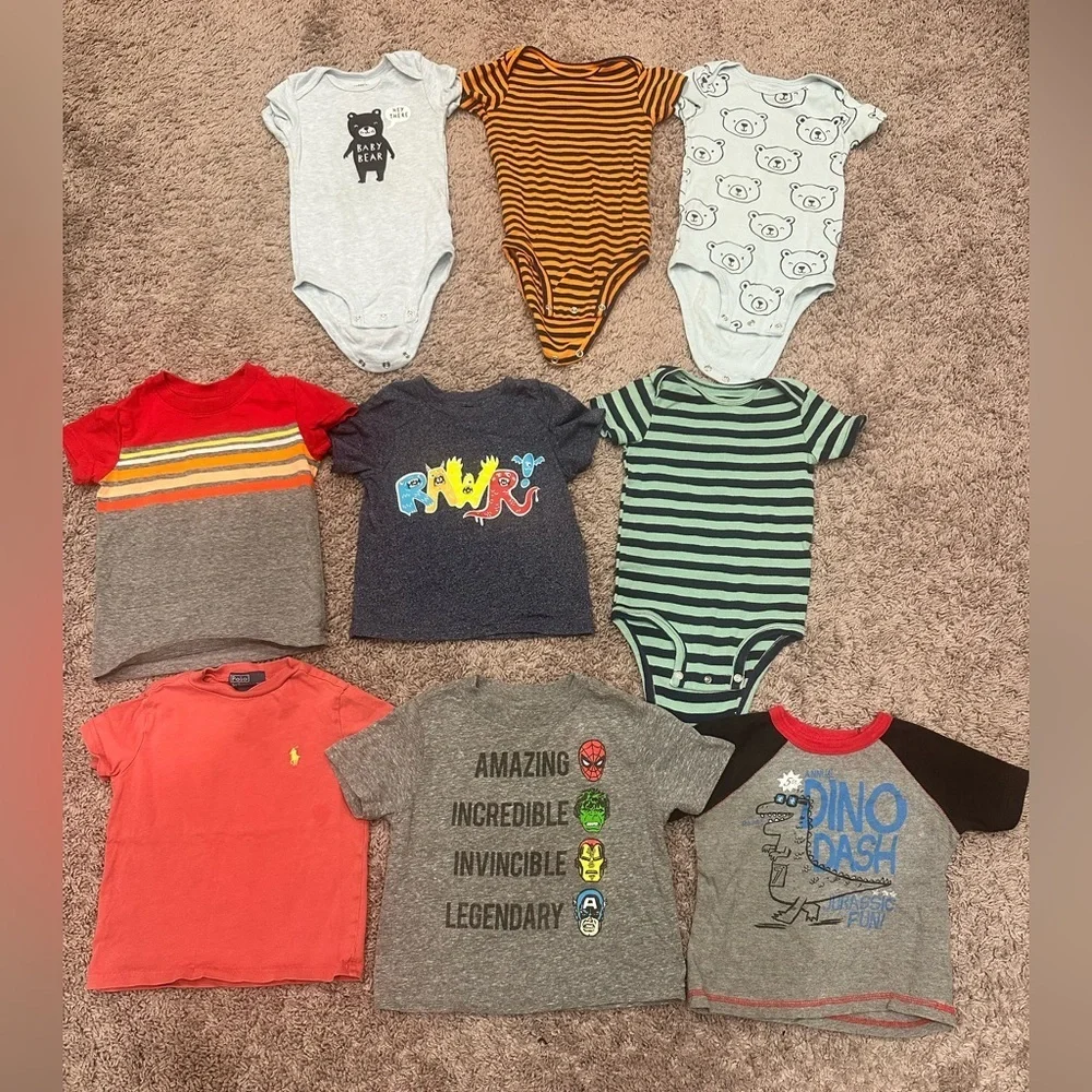 Toddler Boys Clothing Bundle 9 Pieces Shirts Onesies Graphic Striped Mixed 18M